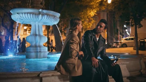 Date People Talking City Street at Night Happy Loving Man Kissing Girlfriend