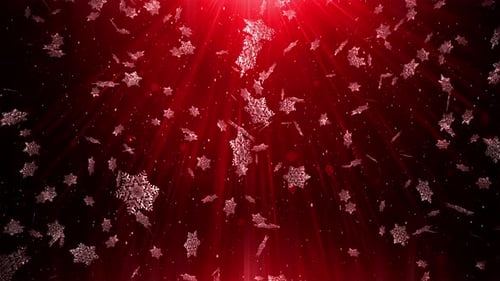 Sparkling Snowflakes Falling on Red Festive Background