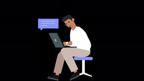 Animated Person Typing on Laptop with Message Bubbles