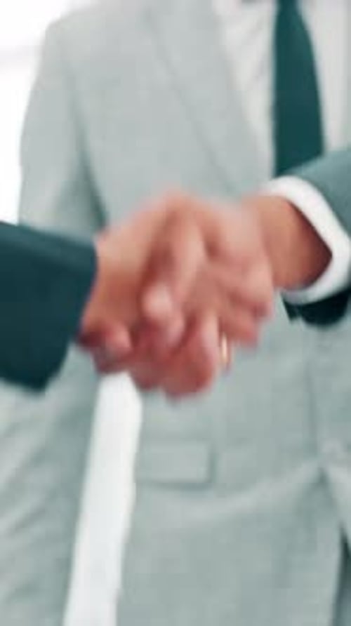 B2B, deal and handshake with business people in office for collaboration or partnership