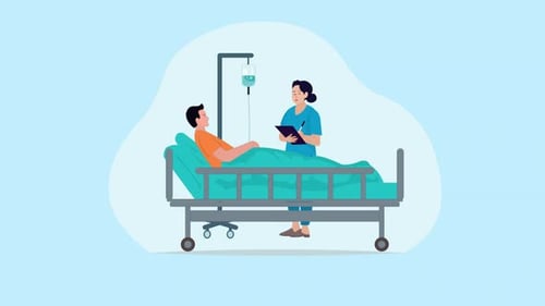 Medical Care concept animaton, Patient in Hospital Bed being attended by Nurse