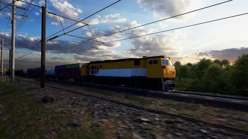 Animated Freight Train Moving Through Scenic Landscape at Sunset