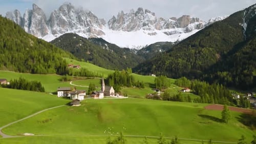Spring Landscape of Dolomites Alps Famous Santa Maddalena Village with Church and Beautiful Dolomiti