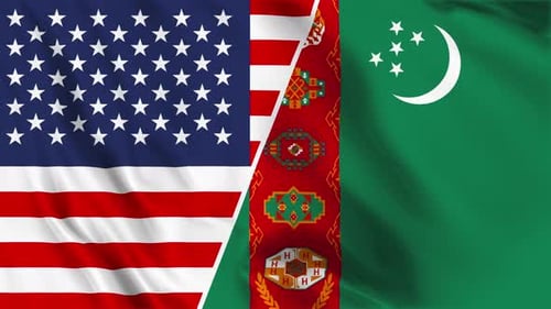 USA and Turkmenistan Flags Waving Diagonal Split