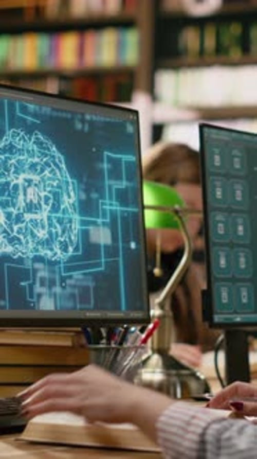 Vertical Video Student Research AI Brain Visuals on Desktop Computer While Reading Books