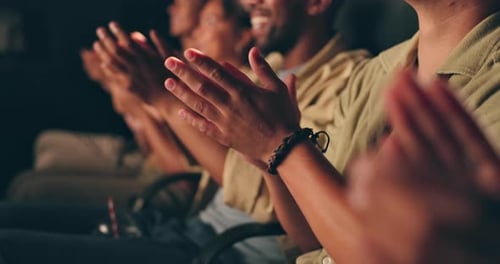 People, group or hands of audience with applause in cinema for movie success