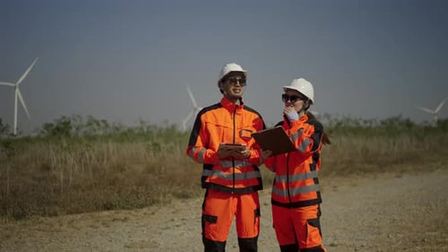 Engineers work at windmill farm.