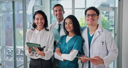 Hospital, team and face of doctors with staff on tablet for medical support