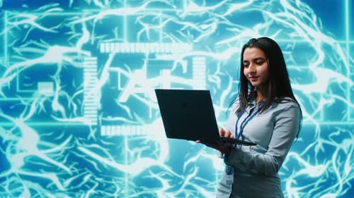 Technician Using Laptop to Maintenance Artificial Intelligence Neural Networks