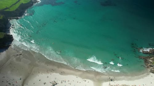 Tourist Destination At Praia de Caión Tropical Beach With Turquoise Ocean In Galicia, Spain. Aerial