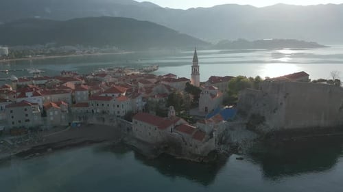 The old town of Budva shot from a drone. The best sights of Montenegro. Budva Old Town.