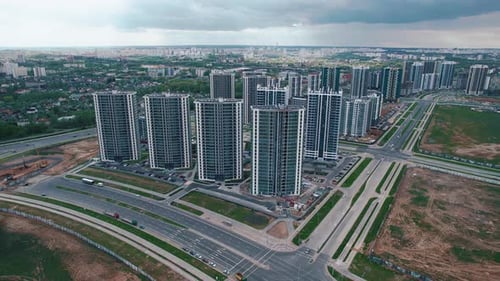 Shooting From Quadcopter of Quarters of Multistorey New Buildings Made of Glass and Concrete with