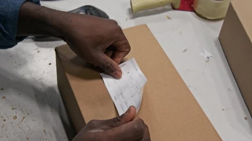 Gerente de fábrica colando etiqueta de endereço na caixa com amostras de produtos