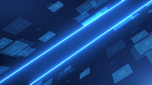 Blue Futuristic Digital Background with Glowing Neon Lines and Geometric Shapes