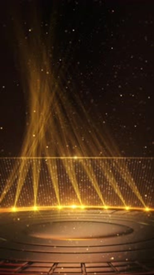 Golden Stage Background with Glittering Particles and Dynamic Spotlights