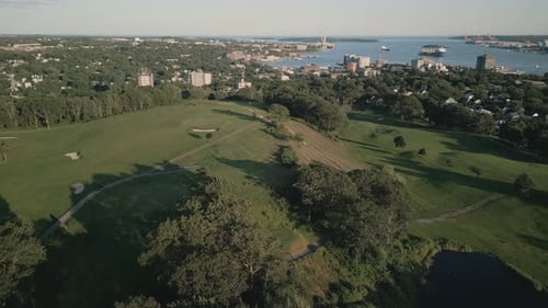 Drone Shot on Golf Course at Sunset with Beautiful Sand Trap Aerial View
