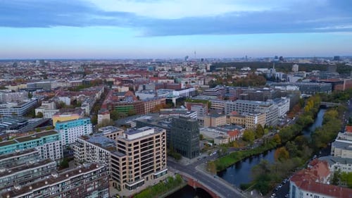 Berlin cityscape with Spree river, Tv Tower. Tremendous aerial view flight drone