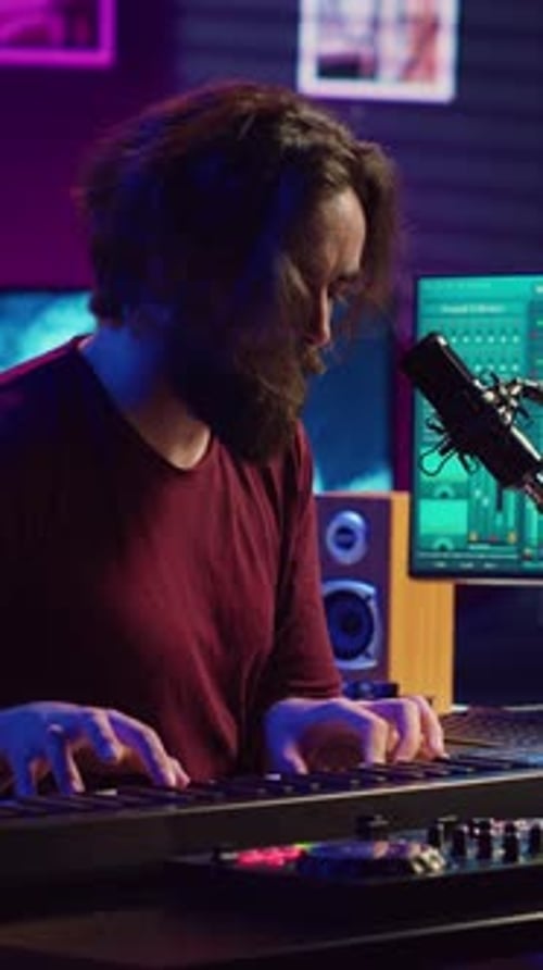 Musician Plays Keyboard in Music Studio at Night
