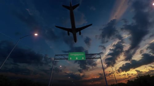 Singapore City Road Sign - Airplane Arriving To Singapore Airport