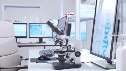 Laboratório de Pesquisa de Alta Tecnologia com Gráficos de DNA e Microscópio para Descoberta Científica