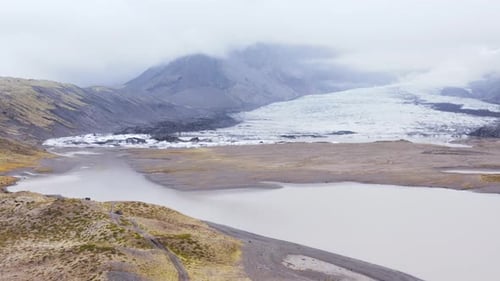 Retreating glacier in Iceland due to global warming, aerial