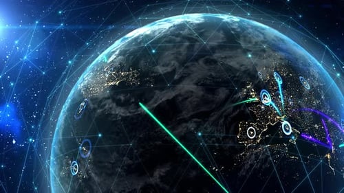Global Digital Network Connecting Cities on Spinning Earth