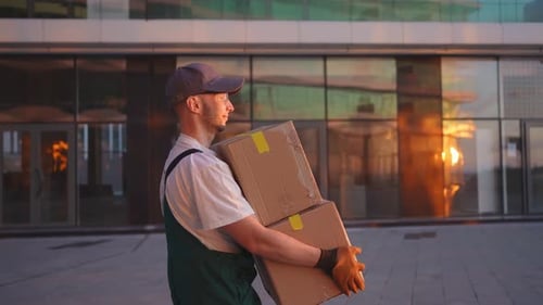 Man Carries Boxes near Modern Building at Sunset
