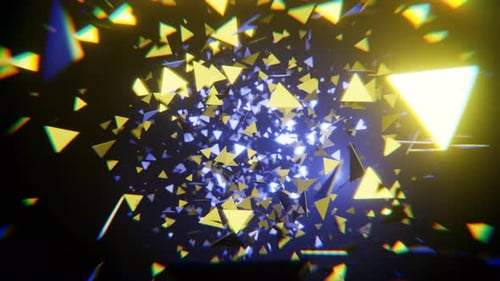 Tunnel abstrait lumineux jaune et bleu avec fond de particules métalliques volantes Vj Loop I 4K