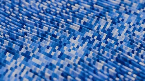Abstract background with dynamic field of small blue and white cubic elements forming smooth waves