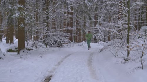 Athlethic adult man running from distance in green outfit in snow covered forest on wild path during