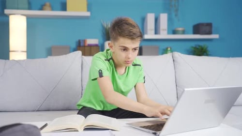 Boy looking confused at laptop.