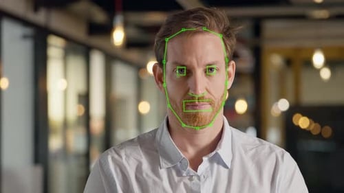 Gesichtserkennungsalgorithmus KI-Technologie zur Erkennung der Gesichtszüge menschlicher Männer. Künstliche Intelligenz