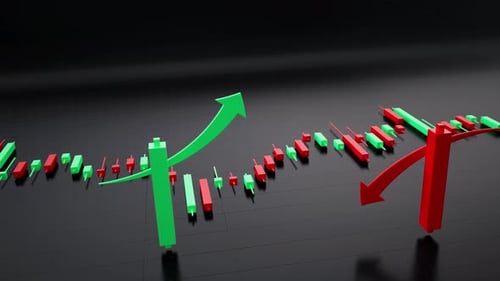Online Trading Platform Analytics Trends With Candlestick And Up Down Arrows On Dark