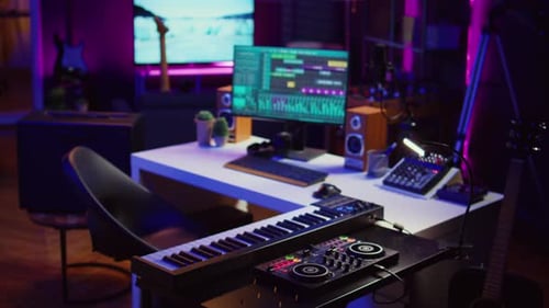 Neon Lit Music Studio with Instruments and Equipment