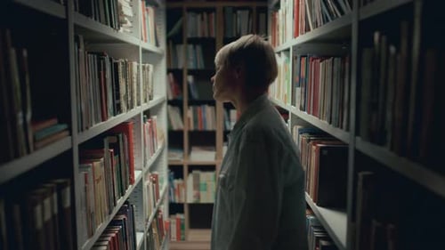 Woman Walking among Bookshelves, Looking for Book in Library