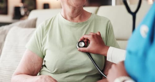 Hands, nurse and stethoscope with old woman at house for heartbeat with breathing assessment