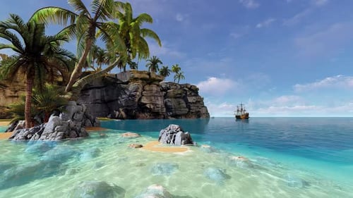 Tropical island and vintage ship