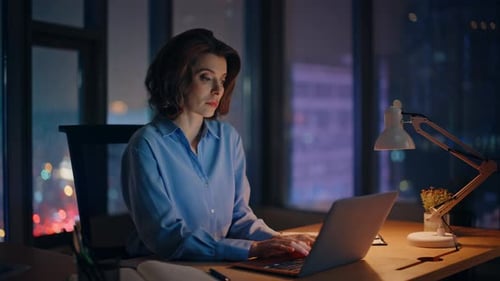 Manager Finish Work Night Office Closeup Serious Businesswoman Closing Laptop