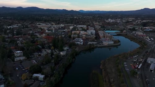 Drone aerial shot of napa river in napa, California at dusk