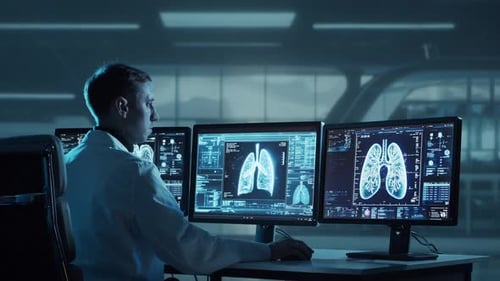 Doctor Working at Futuristic Office Multiple Monitors Displaying Medical Images Data and Body Scans