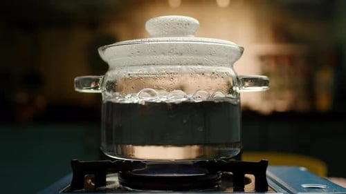 Boiling Water in Transparent Pot in Kitchen