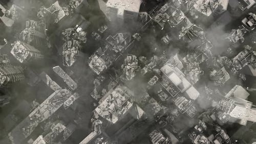 destroyed city after earthquake or war, aerial top down view.