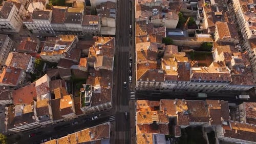 Aerial view of ruins and buildings, France.