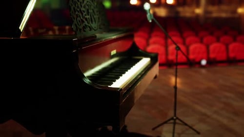 Elegant Grand Piano and Microphone on Concert Stage