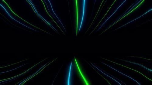 Bright neon light stripes. Abstract flight of digital neon particles in hyperwarp space