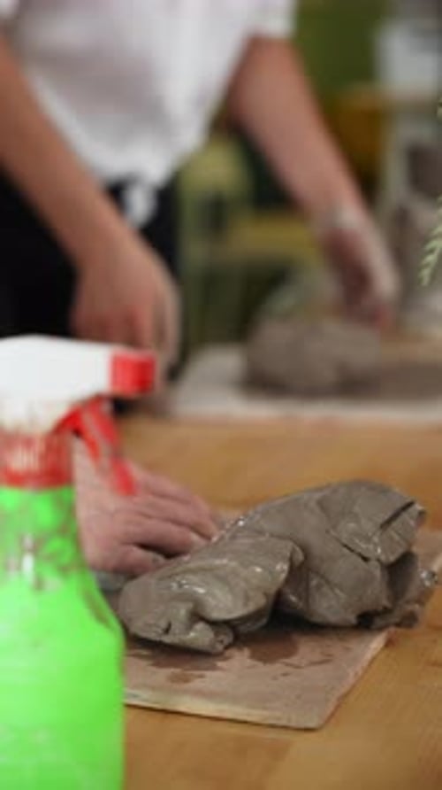 Craftswoman Working on Clay Sculpture in Pottery Studio Shaping Artistic Piece with Expertise