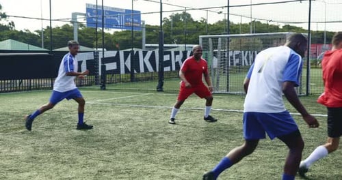 Soccer, fitness and teamwork with people on field for score, champions league and mvp athlete