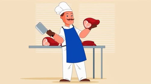 Chef Butcher Holding Cleaver & Fresh Meat Cartoon - Butchery Shop - Kids Cartoon Animations