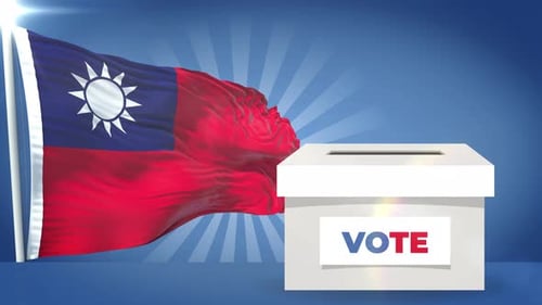 Taiwan Election Voting with Waving Flag and Ballot Box