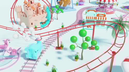 Colorful Amusement Park with Carousel and Train